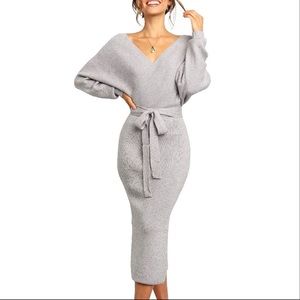 Gray belted v neck long sleeve sweater midi dress